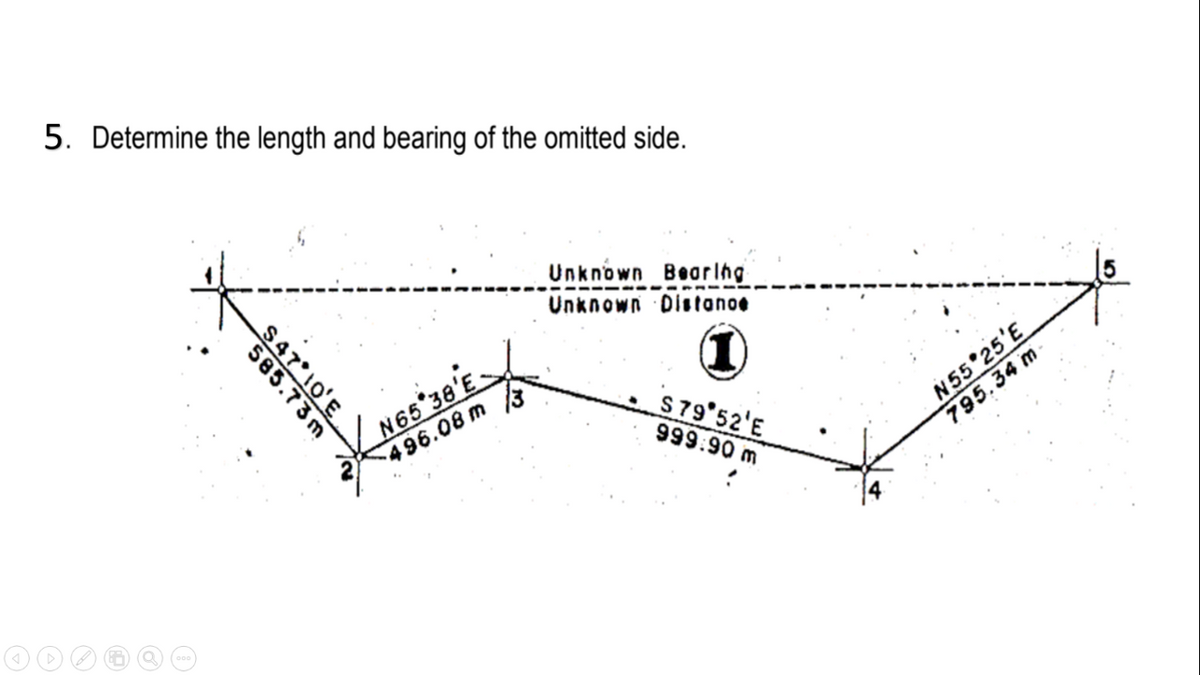 5. Determine the length and bearing of the omitted side.
Unknown Bearlhg
Unknown Distanoe
N65 38'E
496.08 m
S79 52'E
999:90 m
N55 25'E
795.34 m
$47 10'E
585.73 m
