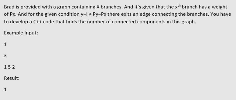 Brad is provided with a graph containing X branches. And it's given that the xth branch has a weight
of Px. And for the given condition y-I + Py-Px there exits an edge connecting the branches. You have
to develop a C++ code that finds the number of connected components in this graph.
Example Input:
1
3
152
Result:
1
