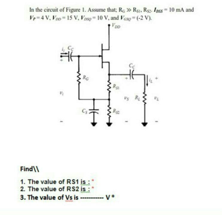 In the circuit of Figure 1. Assume that; Re » Rs1, Rs2. Ipss 10 mA and
Vp=4 V, VoD 15 V, Voso 10 V, and Vaso (-2 V).
Vpo
Cc
Cc
RG
Rs
