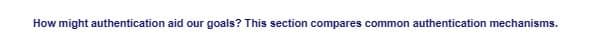 How might authentication aid our goals? This section compares common authentication mechanisms.