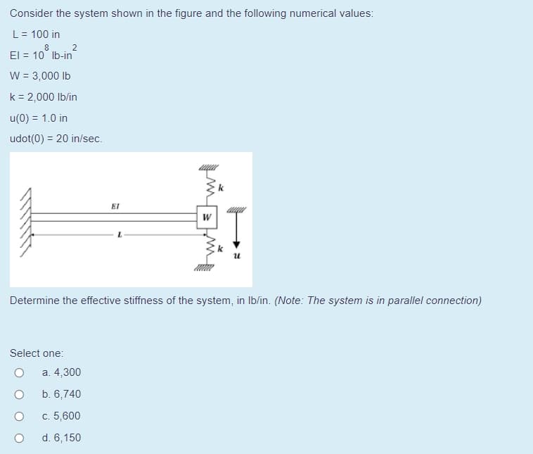 Consider the system shown in the figure and the following numerical values:
L= 100 in
8
2
El = 10 Ib-in
W = 3,000 Ib
k = 2,000 lb/in
u(0) = 1.0 in
udot(0) = 20 in/sec.
EI
Determine the effective stiffness of the system, in Ib/in. (Note: The system is in parallel connection)
Select one:
a. 4,300
b. 6,740
с. 5,600
d. 6,150
