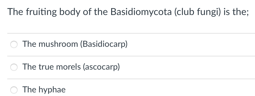 The fruiting body of the Basidiomycota (club fungi) is the;
The mushroom (Basidiocarp)
The true morels (ascocarp)
The hyphae
