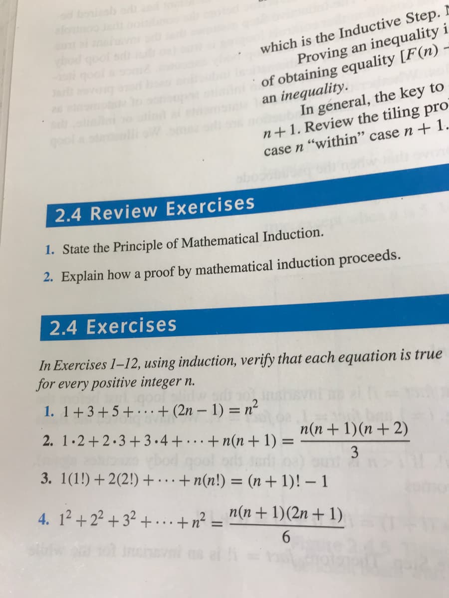 In Exercises 1-12, using induction, verify that each equation is true
for every positive integer n.
1. 1+3+5+.·.+ (2n – 1) = n²
-
%3D
