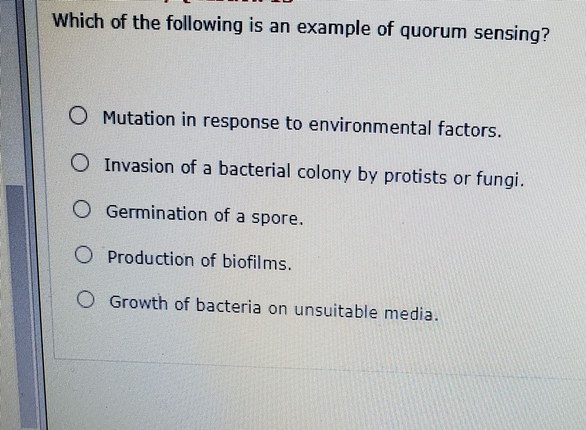 Which of the following is an example of quorum sensing?
O Mutation in response to environmental factors.
O Invasion of a bacterial colony by protists or fungi.
O Germination of a spore.
O Production of biofilms.
O Growth of bacteria on unsuitable media.
