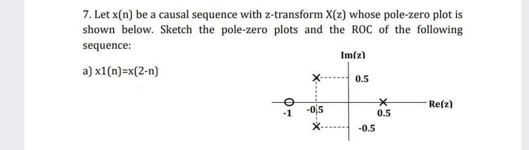 7. Let x(n) be a causal sequence with z-transform X(z) whose pole-zero plot is
shown below. Sketch the pole-zero plots and the ROC of the following
sequence:
Im(z)
a) x1(n)=x(2-n)
0.5
Re(z)
-0,5
0.5
X-
-0.5
