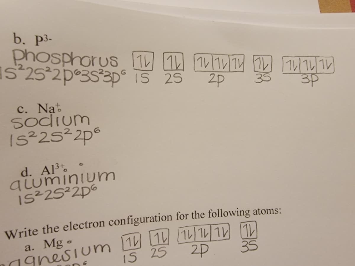 b. P3-
Phosphorus 1 11/1 1 11/1
Is 25 2p°3s3p° i5 25
2p
35
3P
c. Nat
Sodium
15²25²2p°
d. Al3t.
aLuminium
Write the electron configuration for the following atoms:
1gnesium 1U (1L 1L/16/1
IS 25
a. Mg .
2P
35
