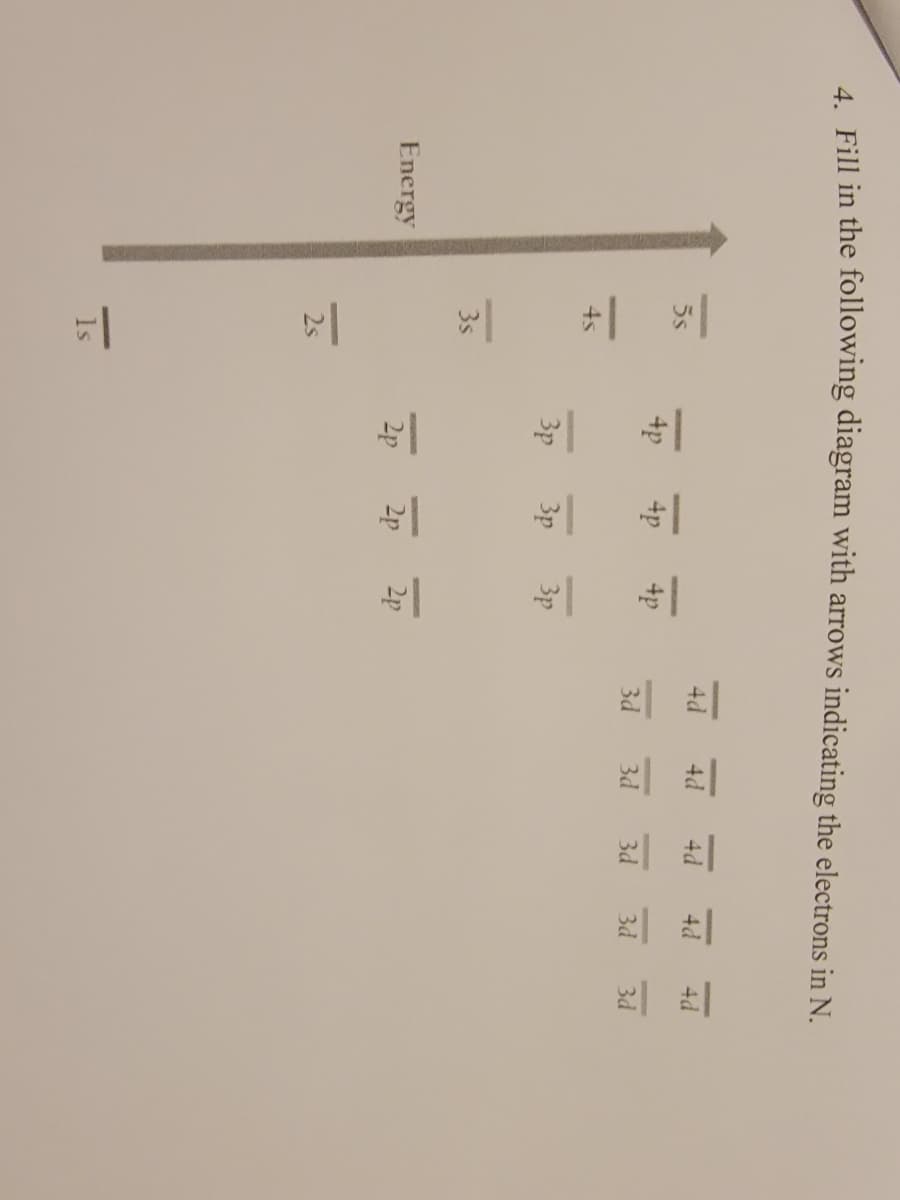 4. Fill in the following diagram with arrows indicating the electrons in N.
4d
4d
4d
4d
4d
5s
4p
4p
4p
3d
3d
3d
3d
3d
4s
3p
3p
3p
3s
Energy
2p
2p
2p
2s
1s
