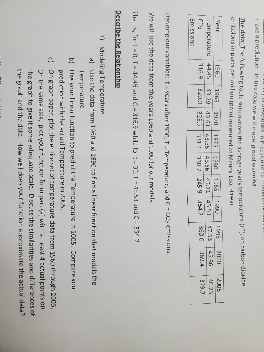 pts developed in Precalculus to HIUdel an uctuur
make a prediction. In this case we will model global warming
The data: The following table summarizes the average vearly temperature (F')and carbon dioxide
emissions in parts per million (ppm) measured at Mauna Loa, Hawail
Year
1960
1965
1970
1975
1980
1985
1990
1995
2000
2005
Temperature 44.45
43.29
43.61
43.35
46.66 45.71
45.53
47.53
45.86
46.23
CO2
316.9
320.0
325.7
331.1
338.7
345.9
354.2
360.6
369.4
379.7
Emissions
Defining our variables: t = years after 1960, T = Temperature, and C = CO2 emissions.
We will use the data from the years 1960 and 1990 for our models.
That is, for t = 0, T = 44.45 and C = 316.9 while for t = 30, T = 45.53 and C = 354.2
Describe the Relationship
1) Modeling Temperature
a) Use the data from 1960 and 1990 to find a linear function that models the
Temperature
b) Use your linear function to predict the Temperature in 2005. Compare your
prediction with the actual Temperature in 2005.
c) On graph paper, plot the entire set of temperature data from 1960 through 2005.
On the same axis, plot your function from part (a) with at least 4 actual points on
the graph to give it some adequate scale. Discuss the similarities and differences of
the graph and the data. How well does your function approximate the actual data?
