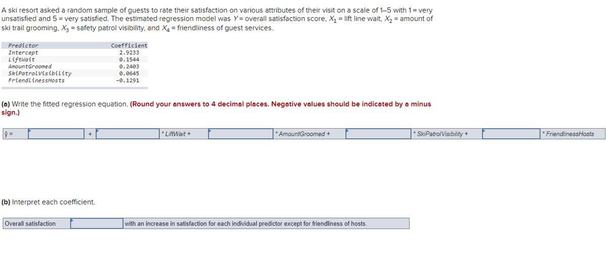 A ski resort asked a random sample of guests to rate their satisfaction on various attributes of their visit on a scale of 1-5 with 1 = very
unsatisfied and 5 = very satisfied. The estimated regression model was Y=overall satisfaction score, X₁ = lift line wait, X₂ = amount of
ski trail grooming, X3 = safety patrol visibility, and X4 = friendliness of guest services.
Predictor
Intercept
LiftWait
AmountGroomed
SkiPatrolVisibility
FriendlinessHosts
(a) Write the fitted regression equation. (Round your answers to 4 decimal places. Negative values should be indicated by a minus
sign.)
|ŷ =
+
(b) Interpret each coefficient.
Overall satisfaction
Coefficient
2.9233
0.1544
0.2403
0.0645
-0.1291
LiftWait +
*AmountGroomed +
with an increase in satisfaction for each individual predictor except for friendliness of hosts.
* SkiPatrolVisibility +
* FriendlinessHosts