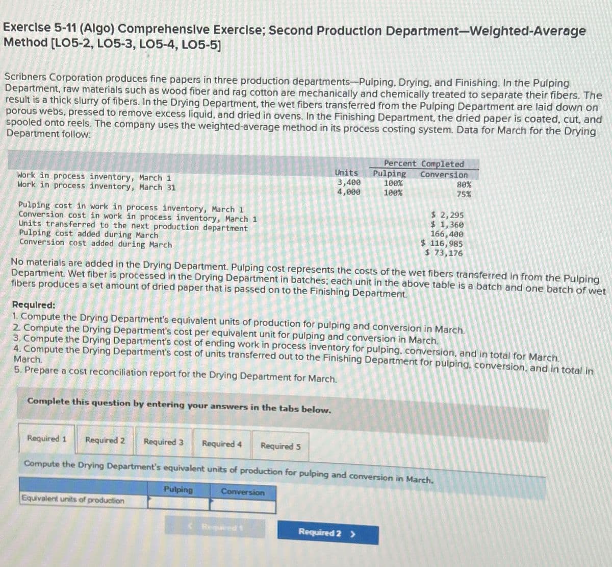 Exercise 5-11 (Algo) Comprehensive Exercise; Second Production Department-Weighted-Average
Method [LO5-2, LO5-3, LO5-4, LO5-5]
Scribners Corporation produces fine papers in three production departments-Pulping, Drying, and Finishing. In the Pulping
Department, raw materials such as wood fiber and rag cotton are mechanically and chemically treated to separate their fibers. The
result is a thick slurry of fibers. In the Drying Department, the wet fibers transferred from the Pulping Department are laid down on
porous webs, pressed to remove excess liquid, and dried in ovens. In the Finishing Department, the dried paper is coated, cut, and
spooled onto reels. The company uses the weighted-average method in its process costing system. Data for March for the Drying
Department follow:
Work in process inventory, March 1
Work in process inventory, March 31
Pulping cost in work in process inventory, March 1
Conversion cost in work in process inventory, March 1
Units transferred to the next production department
Pulping cost added during March
Conversion cost added during March
Complete this question by entering your answers in the tabs below.
Units
3,400
4,000
No materials are added in the Drying Department. Pulping cost represents the costs of the wet fibers transferred in from the Pulping
Department. Wet fiber is processed in the Drying Department in batches; each unit in the above table is a batch and one batch of wet
fibers produces a set amount of dried paper that is passed on to the Finishing Department.
Equivalent units of production
Required:
1. Compute the Drying Department's equivalent units of production for pulping and conversion in March.
2 Compute the Drying Department's cost per equivalent unit for pulping and conversion in March.
3. Compute the Drying Department's cost of ending work in process inventory for pulping, conversion, and in total for March.
4. Compute the Drying Department's cost of units transferred out to the Finishing Department for pulping, conversion, and in total in
March.
5. Prepare a cost reconciliation report for the Drying Department for March.
Conversion
Percent Completed
Pulping Conversion
100%
100%
Required 1 Required 2 Required 3 Required 4 Required 5
Compute the Drying Department's equivalent units of production for pulping and conversion in March.
Pulping
Required!
80%
75%
$ 2,295
$ 1,360
166,400
$ 116,985
$ 73,176
Required 2 >