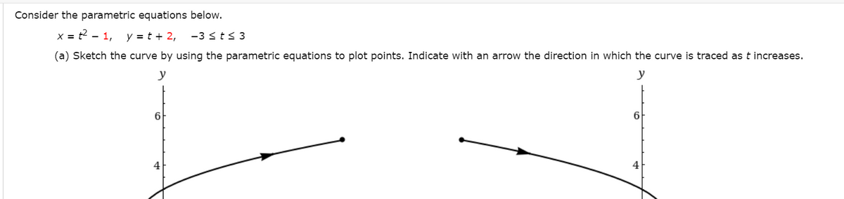 Consider the parametric equations below.
x = t2 - 1,
y = t + 2,
-3 <t< 3
(a) Sketch the curve by using the parametric equations to plot points. Indicate with an arrow the direction in which the curve is traced as t increases.
y
y
6
6.
4
4
