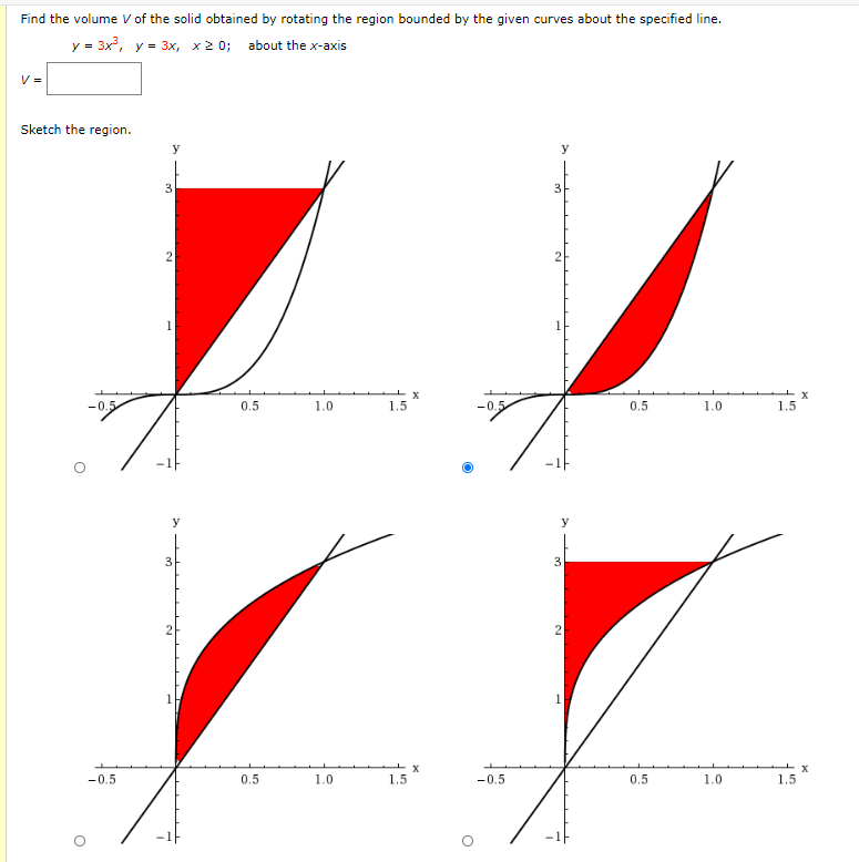 Find the volume V of the solid obtained by rotating the region bounded by the given curves about the specified line.
y = 3x, y = 3x, x2 0; about the x-axis
