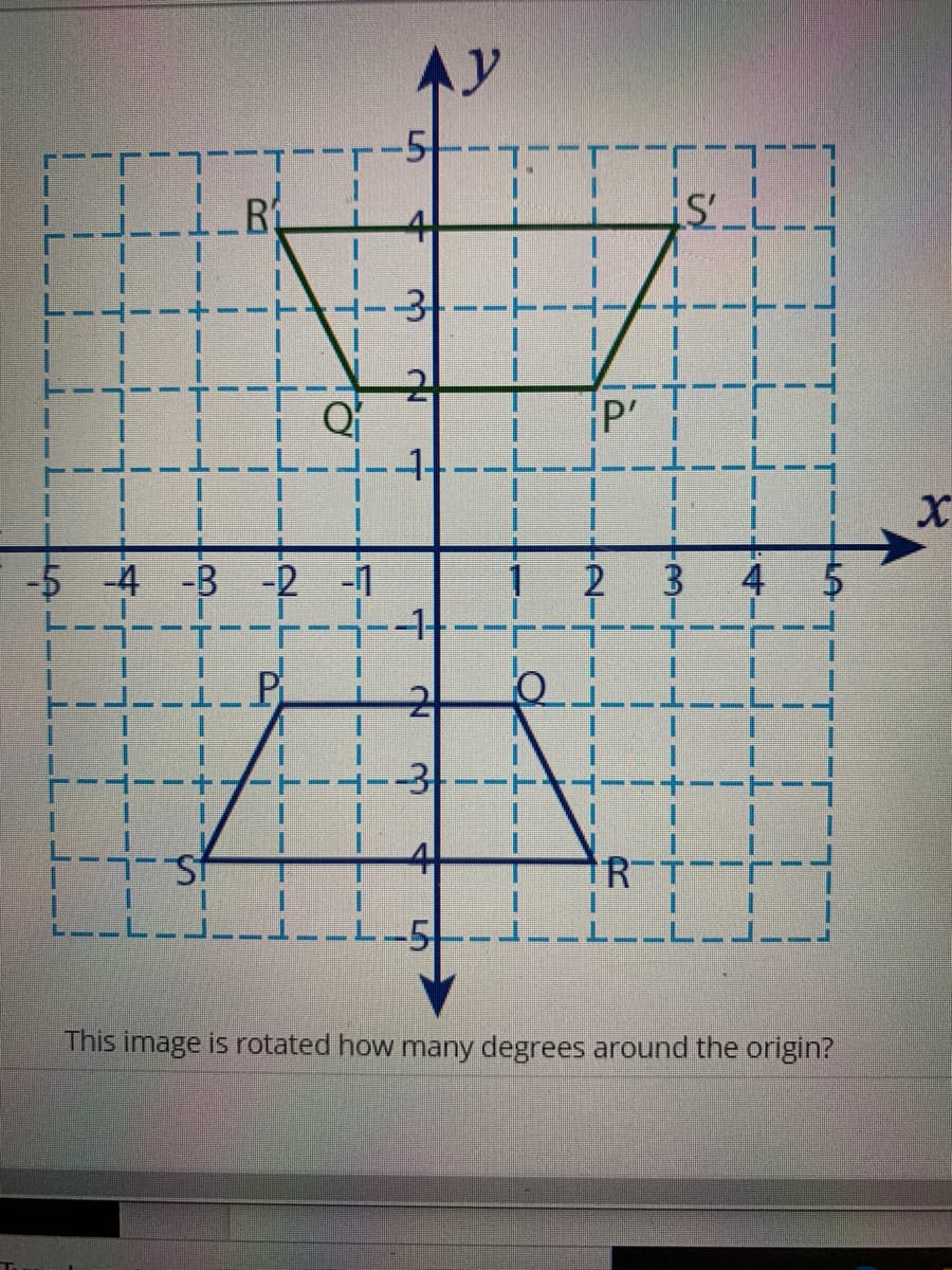 Q
4-
P'
-4 -В -2
2
3
4
P
-31
RT
SL.
This image is rotated how many degrees around the origin?
