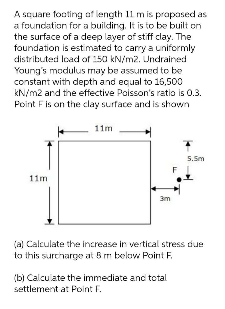 A square footing of length 11 m is proposed as
a foundation for a building. It is to be built on
the surface of a deep layer of stiff clay. The
foundation is estimated to carry a uniformly
distributed load of 150 kN/m2. Undrained
Young's modulus may be assumed to be
constant with depth and equal to 16,500
kN/m2 and the effective Poisson's ratio is 0.3.
Point F is on the clay surface and is shown
11m
5.5m
11m
3m
(a) Calculate the increase in vertical stress due
to this surcharge at 8 m below Point F.
(b) Calculate the immediate and total
settlement at Point F.
