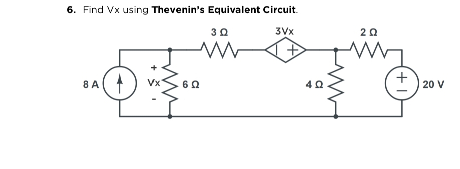 6. Find Vx using Thevenin's Equivalent Circuit.
3Vx
20
8 A(4
Vx
4Ω.
20 V
+1
