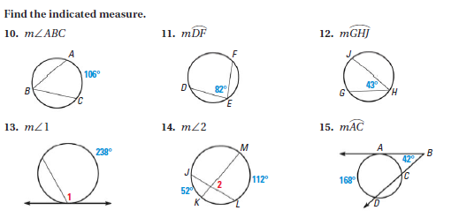 Find the indicated measu
re.
10. MLABC
11. mDF
12. mGHJ
J.
106°
82
G
13. m21
14. m2
15. тАC
M
A
238°
B
42°
112°
168
520
