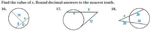 Find the value of x. Round decimal answers to the nearest tenth.
16.
17.
18.
14
28
12
32
8.
4
20
