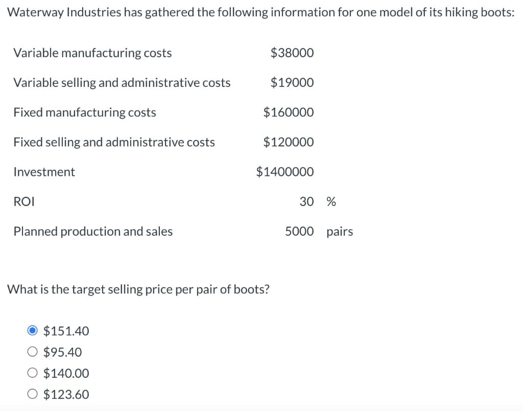 Waterway Industries has gathered the following information for one model of its hiking boots:
Variable manufacturing costs
$38000
Variable selling and administrative costs
$19000
Fixed manufacturing costs
$160000
Fixed selling and administrative costs
$120000
Investment
$1400000
ROI
30 %
Planned production and sales
5000 pairs
What is the target selling price per pair of boots?
$151.40
O $95.40
O $140.00
O $123.60
