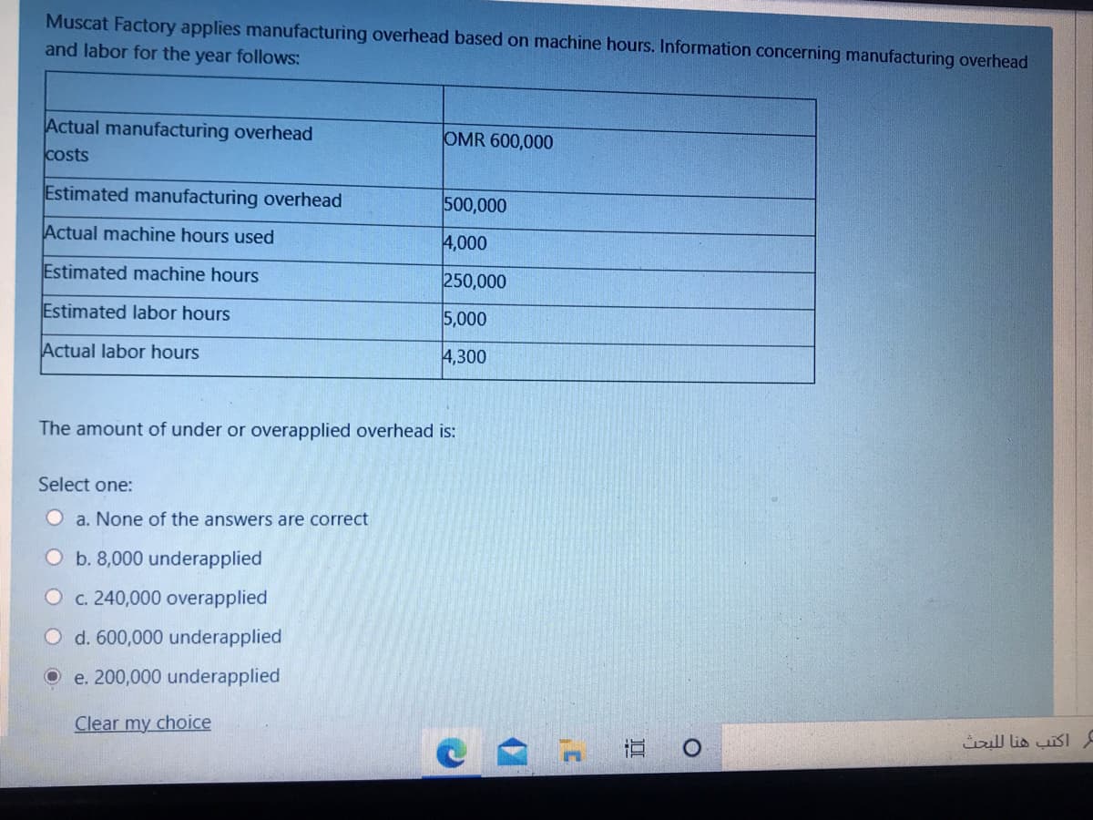 Muscat Factory applies manufacturing overhead based on machine hours. Information concerning manufacturing overhead
and labor for the year follows:
Actual manufacturing overhead
OMR 600,000
costs
Estimated manufacturing overhead
500,000
Actual machine hours used
4,000
Estimated machine hours
250,000
Estimated labor hours
5,000
Actual labor hours
4,300
The amount of under or overapplied overhead is:
Select one:
O a. None of the answers are correct
O b. 8,000 underapplied
O c. 240,000 overapplied
O d. 600,000 underapplied
O e. 200,000 underapplied
Clear my choice
il lis usI
直 0

