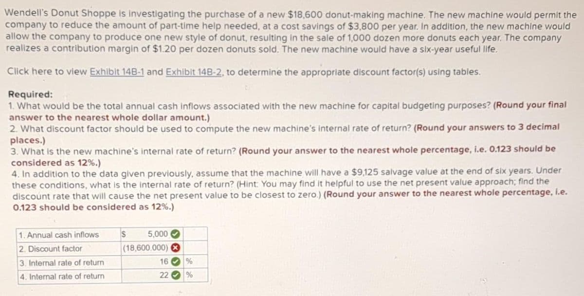 Wendell's Donut Shoppe is investigating the purchase of a new $18,600 donut-making machine. The new machine would permit the
company to reduce the amount of part-time help needed, at a cost savings of $3,800 per year. In addition, the new machine would
allow the company to produce one new style of donut, resulting in the sale of 1,000 dozen more donuts each year. The company
realizes a contribution margin of $1.20 per dozen donuts sold. The new machine would have a six-year useful life.
Click here to view Exhibit 148-1 and Exhibit 14B-2, to determine the appropriate discount factor(s) using tables.
Required:
1. What would be the total annual cash inflows associated with the new machine for capital budgeting purposes? (Round your final
answer to the nearest whole dollar amount.)
2. What discount factor should be used to compute the new machine's internal rate of return? (Round your answers to 3 decimal
places.)
3. What is the new machine's internal rate of return? (Round your answer to the nearest whole percentage, i.e. 0.123 should be
considered as 12%.)
4. In addition to the data given previously, assume that the machine will have a $9,125 salvage value at the end of six years. Under
these conditions, what is the internal rate of return? (Hint: You may find it helpful to use the net present value approach; find the
discount rate that will cause the net present value to be closest to zero.) (Round your answer to the nearest whole percentage, i.e.
0.123 should be considered as 12%.)
1. Annual cash inflows
2. Discount factor
3. Internal rate of return
4. Internal rate of return
S
5,000
(18,600.000)
16
22
%
%