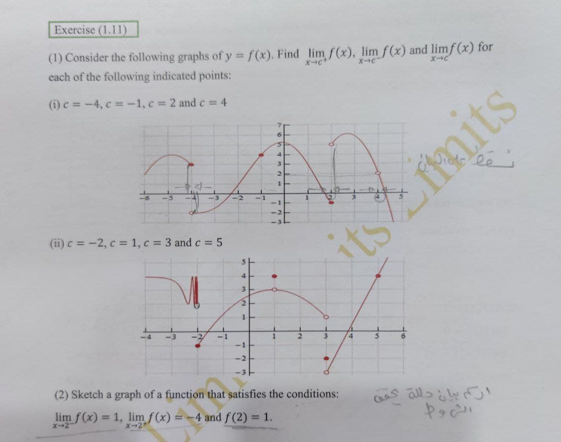 Exercise (1.11)
(1) Consider the following graphs of y f(x). Find lim f(x), lim f(x) and limf(x) for
each of the following indicated points:
Xc+
XC
(i) c = -4, c =-1, c = 2 and c = 4
2.
-6
-5
-3
-2
-1
3.
-1
(ii) c = -2, c = 1, c = 3 and c = 5
tsfmits
-3
-1
4.
6.
-1
-2
(2) Sketch a graph of a function that satisfies the conditions:
lim f(x) = 1, lim f(x) = -4 and f(2) = 1.
x-2
X-2+
