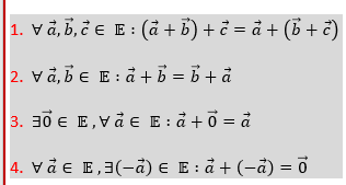 1. vå, B, ¿ e E : (å + B) + ¿ = å + (B + č)
2. và, bE E: å + b = 6 + å
3. 30 € E,Vå E E: å +ở = ở
a
4. vå e E,3(-ả) e E : å + (-å) = 0
