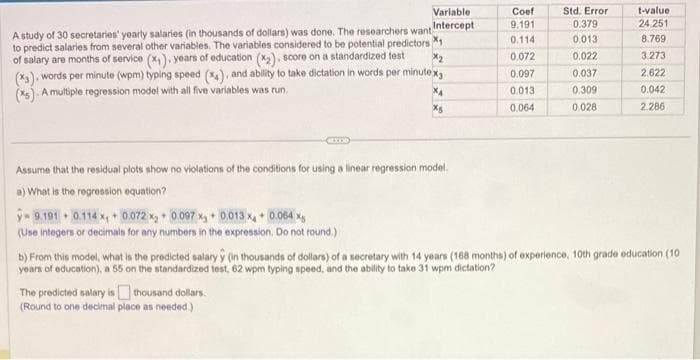 *2
A study of 30 secretaries' yearly salaries (in thousands of dollars) was done. The researchers want
to predict salaries from several other variables. The variables considered to be potential predictors 1
of salary are months of service (x₁). years of education (x₂), score on a standardized test
(x3), words per minute (wpm) typing speed (x4), and ability to take dictation in words per minutex,
(xs). A multiple regression model with all five variables was run
Variable
Intercept
y-9.191+ 0.114 x,+ 0.072x₂ 0.097 x 0.013 x₁ +0.064 x
(Use integers or decimals for any numbers in the expression. Do not round.)
Assume that the residual plots show no violations of the conditions for using a linear regression model.
a) What is the regression equation?
X4
X5
The predicted salary is thousand dollars.
(Round to one decimal place as needed.)
Coef
9.191
0.114
0.072
0.097
0.013
0.064
Std. Error
0.379
0,013
0.022
0.037
0,309
0,028
t-value
24,251
8.769
3.273
2.622
0.042
2.286
b) From this model, what is the predicted salary y (in thousands of dollars) of a secretary with 14 years (168 months) of experience, 10th grade education (10
years of education), a 55 on the standardized test, 62 wpm typing speed, and the ability to take 31 wpm dictation?