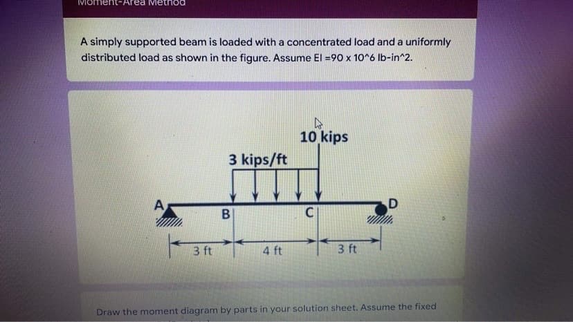 Moment-Area Method
A simply supported beam is loaded with a concentrated load and a uniformly
distributed load as shown in the figure. Assume El =90 x 10^6 lb-in^2.
10 kips
3 kips/ft
A,
D
C
3 ft
4 ft
3 ft
Draw the moment diagram by parts in your solution sheet. Assume the fixed
