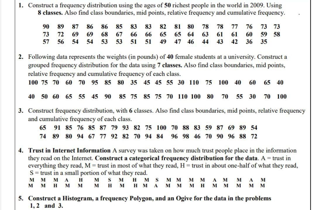 1. Construct a frequency distribution using the ages of 50 richest people in the world in 2009. Using
8 classes. Also find class boundaries, mid points, relative frequency and cumulative frequency.
90
89
87
86
86
85
83
83
82
81
80
78
78
77
76
73 73
73
72
69
69
68
67
66
66
65
65 64
63
61
61
60
59 58
57
56
54
54
53
53
51
51
49
47 46
44
43
42
36
35
2. Following data represents the weights (in pounds) of 40 female students at a university. Construct a
grouped frequency distribution for the data using 7 classes. Also find class boundaries, mid points,
relative frequency and cumulative frequency of each class.
100 75 70 60 70 95 85 80 35 45 45 55 30 110 75 100 40
60
65 40
40 50 60 65 55 45 90
85 75 85 75 70 110 100 80
70
55 30
70
100
3. Construct frequency distribution, with 6 classes. Also find class boundaries, mid points, relative frequency
and cumulative frequency of each class.
65
91 85 76 85 87 79 93 82 75 100 70 88 83 59 87 69 89 54
74 89 80 94 67 77 92 82 70 94 84
96 98 46 70 90 96 88 72
4. Trust in Internet Information A survey was taken on how much trust people place in the information
they read on the Internet. Construct a categorical frequency distribution for the data. A trust in
everything they read, M trust in most of what they read, H = trust in about one-half of what they read,
S = trust in a small portion of what they read.
M M MA H
м мн м м м н м
M S M
мм M м Ам
H M S
нмА мм
A M
мм
M
м н
мм м
5. Construct a Histogram, a frequency Polygon, and an Ogive for the data in the problems
1, 2 and 3.
