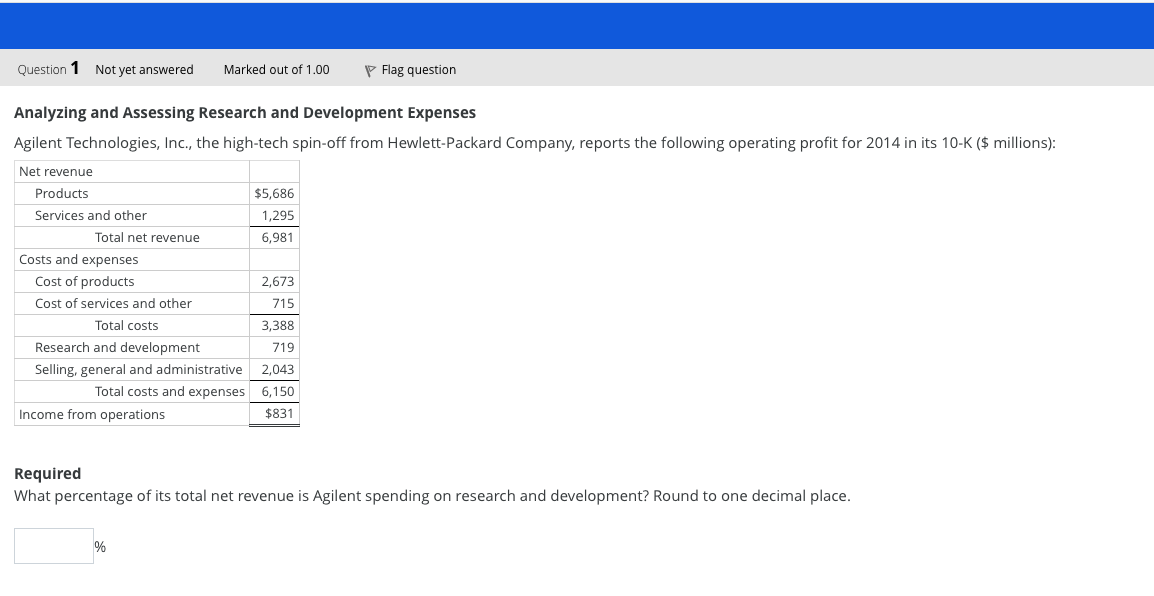 Question 1
Not yet answered
Marked out of 1.00
P Flag question
Analyzing and Assessing Research and Development Expenses
Agilent Technologies, Inc., the high-tech spin-off from Hewlett-Packard Company, reports the following operating profit for 2014 in its 10-K ($ millions):
Net revenue
Products
$5,686
Services and other
1,295
Total net revenue
6,981
Costs and expenses
Cost of products
Cost of services and other
2,673
715
Total costs
3,388
Research and development
719
Selling, general and administrative
2,043
Total costs and expenses
6,150
Income from operations
$831
Required
What percentage of its total net revenue is Agilent spending on research and development? Round to one decimal place.
%
