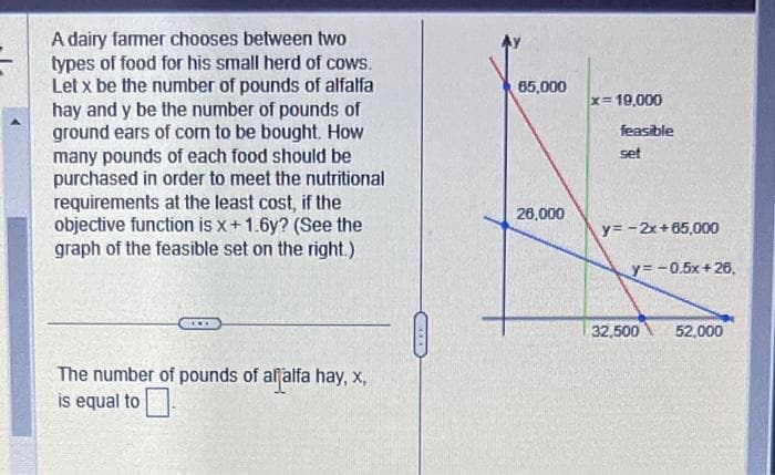 A dairy farmer chooses between two
types of food for his small herd of cows.
Let x be the number of pounds of alfalfa
hay and y be the number of pounds of
ground ears of com to be bought. How
many pounds of each food should be
purchased in order to meet the nutritional
requirements at the least cost, if the
objective function is x + 1.6y? (See the
graph of the feasible set on the right.)
The number of pounds of affalfa hay, x,
is equal to
65,000
26,000
x=19,000
feasible
set
y=-2x+65,000
y=-0.5x+26,
32,500 52,000