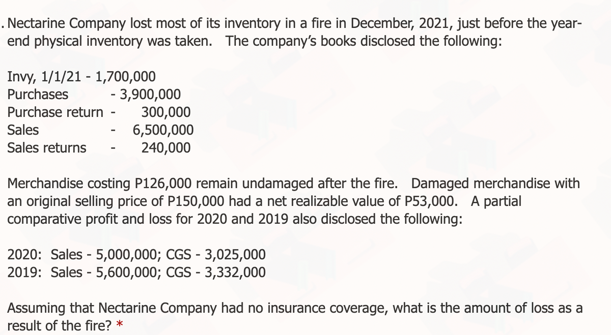 . Nectarine Company lost most of its inventory in a fire in December, 2021, just before the year-
end physical inventory was taken. The company's books disclosed the following:
Invy, 1/1/21 - 1,700,000
- 3,900,000
300,000
6,500,000
240,000
Purchases
Purchase return
Sales
%3
Sales returns
Merchandise costing P126,000 remain undamaged after the fire. Damaged merchandise with
an original selling price of P150,000 had a net realizable value of P53,000. A partial
comparative profit and loss for 2020 and 2019 also disclosed the following:
2020: Sales - 5,000,000; CGS - 3,025,000
2019: Sales - 5,600,000; CGS - 3,332,000
Assuming that Nectarine Company had no insurance coverage, what is the amount of loss as a
result of the fire? *
