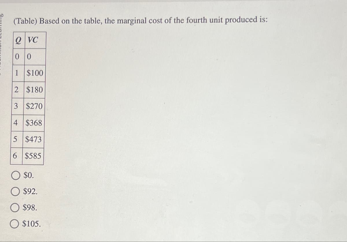 (Table) Based on the table, the marginal cost of the fourth unit produced is:
QVC
00
1 $100
2 $180
3 $270
4 $368
5 $473
6 $585
$0.
$92.
$98.
$105.