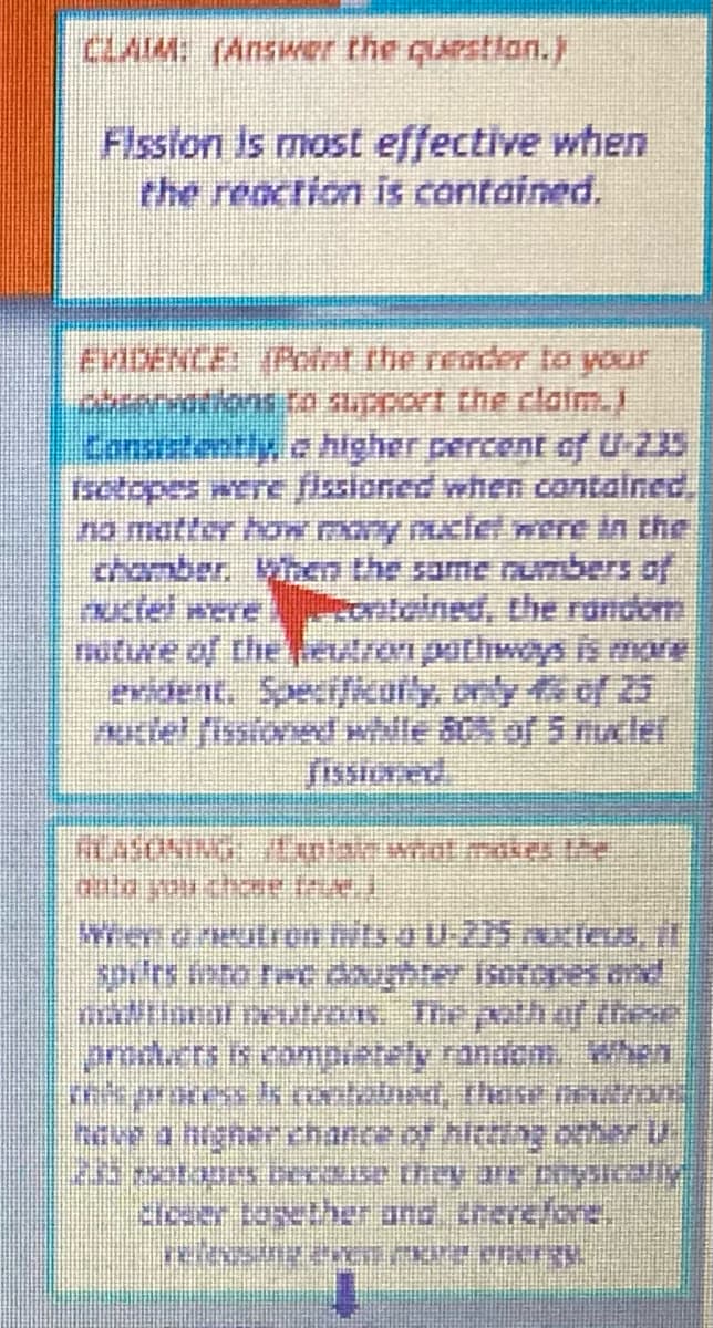 CLAIM: (Answer the question.)
Fission is most effective when
the reaction is contained.
EVIDENCE: (Point the reader to your
observar long to support the claim.)
Consistently, e higher percent of U-235
Isotopes were fissioned when contained.
no matter how pory nele were in the
chamber. Vihen the same numbers of
"kkie" were contained, the random
nature of the neutron pathways is more
evident. Specifically, only 4 of 25
nucle! fissioned while 80% of 5 nuclei
FISSIONE
REASONING, "ulazwrot mat
010 200 11Zr rel
WAENULIon hits o U-275 Perleus, il
spilts into two daughter isotones and
nožtional neutrons. The path of these
products is completely random. When
res process ks contained, these nation.
have a higher chance of higting other 11-
25 rotors because they are Crysically
Closer together and therefore.
NASUYAG POZENINY.