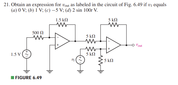 21. Obtain an expression for vout as labeled in the circuit of Fig. 6.49 if vi equals
(a) 0 V; (b) 1 V; (c) –5 V; (d) 2 sin 1001 V.
1.sv(*
500 Ω
Μ
IFIGURE 6.49
1.5 ΚΩ
Μ
τ
5 ΚΩ
Μ
5 ΚΩ
5 ΚΩ
www
5 ΚΩ
Vout