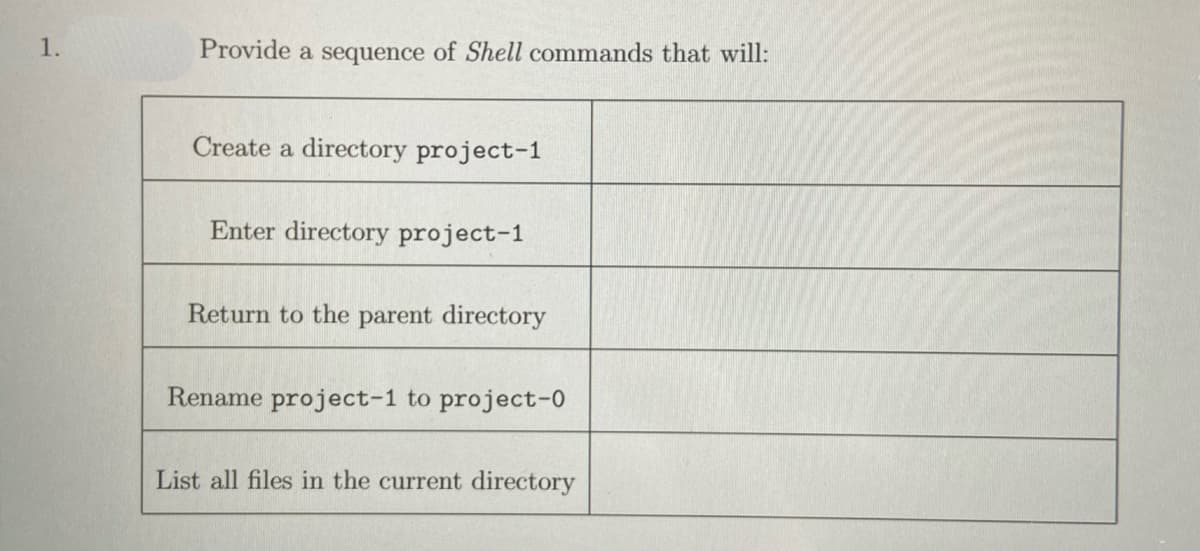 1.
Provide a sequence of Shell commands that will:
Create a directory project-1
Enter directory project-1
Return to the parent directory
Rename project-1 to project-0
List all files in the current directory
