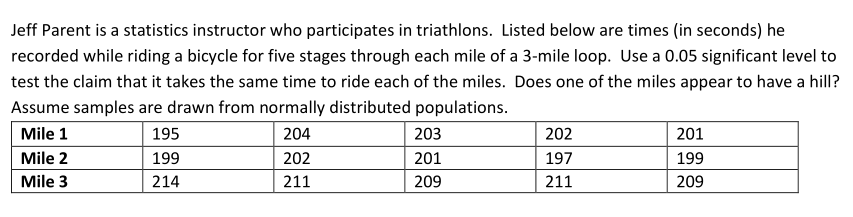 Jeff Parent is a statistics instructor who participates in triathlons. Listed below are times (in seconds) he
recorded while riding a bicycle for five stages through each mile of a 3-mile loop. Use a 0.05 significant level to
test the claim that it takes the same time to ride each of the miles. Does one of the miles appear to have a hill?
Assume samples are drawn from normally distributed populations.
Mile 1
204
202
211
Mile 2
Mile 3
195
199
214
203
201
209
202
197
211
201
199
209