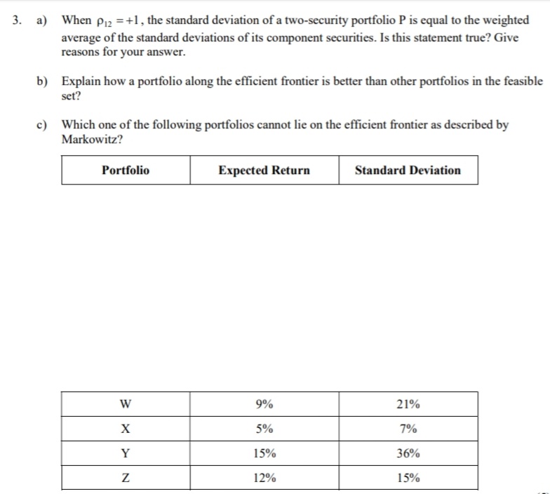 3. а)
When P12 = +1, the standard deviation of a two-security portfolio P is equal to the weighted
average of the standard deviations of its component securities. Is this statement true? Give
reasons for your answer.
b)
Explain how a portfolio along the efficient frontier is better than other portfolios in the feasible
set?
c) Which one of the following portfolios cannot lie on the efficient frontier as described by
Markowitz?
Portfolio
Expected Return
Standard Deviation
W
9%
21%
X
5%
7%
Y
15%
36%
Z
12%
15%
