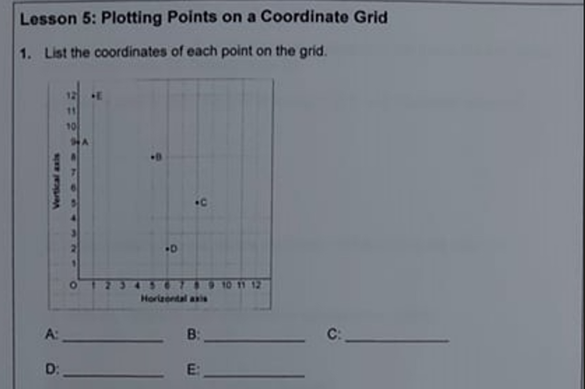 Lesson 5: Plotting Points on a Coordinate Grid
1. List the coordinates of each point on the grid.
12
10
10:11 12
Horizontal asls
B:
D:
E:
Vertical axis
