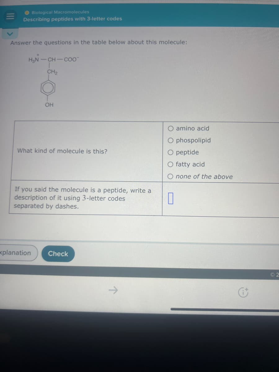 Biological Macromolecules
Describing peptides with 3-letter codes
Answer the questions in the table below about this molecule:
H3N-CH-COO
CH2
OH
What kind of molecule is this?
If you said the molecule is a peptide, write a
description of it using 3-letter codes
separated by dashes.
O amino acid
O phospolipid
O peptide
O fatty acid
O none of the above
☐
xplanation Check
A