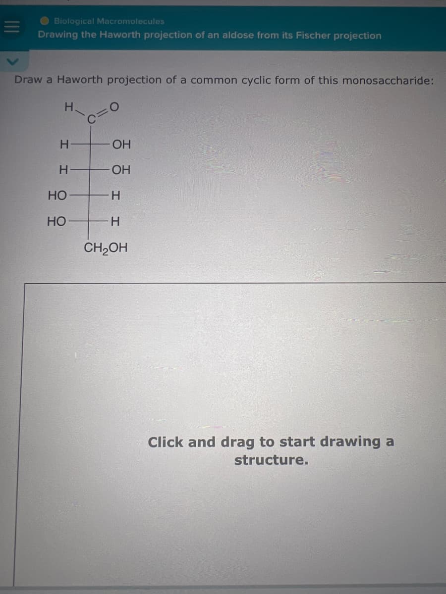 Biological Macromolecules
Drawing the Haworth projection of an aldose from its Fischer projection
Draw a Haworth projection of a common cyclic form of this monosaccharide:
H
H
OH
H
OH
HO
H
HO
H
CH₂OH
Click and drag to start drawing a
structure.