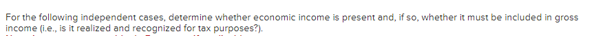 For the following independent cases, determine whether economic income is present and, if so, whether it must be included in gross
income (i.e., is it realized and recognized for tax purposes?).