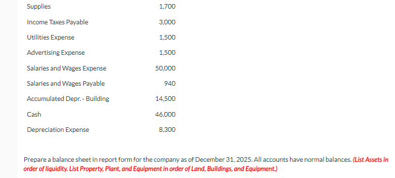 Supplies
Income Taxes Payable
Utilities Expense
Advertising Expense
Salaries and Wages Expense
Salaries and Wages Payable
Accumulated Depr.- Building
Cash
Depreciation Expense
1,700
3,000
1,500
1,500
50,000
940
14,500
46,000
8,300
Prepare a balance sheet in report form for the company as of December 31, 2025. All accounts have normal balances. (List Assets in
order of liquidity. List Property, Plant, and Equipment in order of Land, Buildings, and Equipment.)