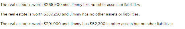 The real estate is worth $268,900 and Jimmy has no other assets or liabilities.
The real estate is worth $337,250 and Jimmy has no other assets or liabilities.
The real estate is worth $291,900 and Jimmy has $52,300 in other assets but no other liabilities.