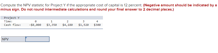 Compute the NPV statistic for Project Y if the appropriate cost of capital is 12 percent. (Negative amount should be indicated by a
minus sign. Do not round intermediate calculations and round your final answer to 2 decimal places.)
Project Y
Time:
Cash flow:
NPV
0
-$8,000
3
1
2
$3,350 $4,180 $1,520
4
$300