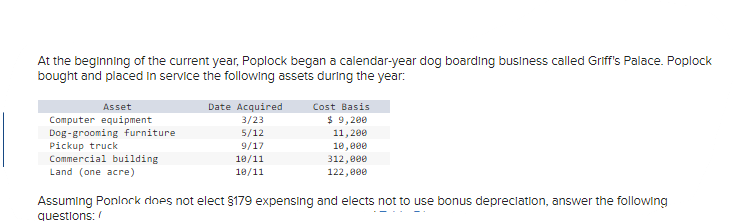 At the beginning of the current year, Poplock began a calendar-year dog boarding business called Griff's Palace. Poplock
bought and placed in service the following assets during the year:
Asset
Computer equipment
Dog-grooming furniture
Pickup truck
Commercial building
Land (one acre)
Date Acquired
3/23
5/12
9/17
10/11
10/11
Cost Basis
$ 9,200
11, 200
10,000
312,000
122,000
Assuming Poolock does not elect §179 expensing and elects not to use bonus depreciation, answer the following
questions: