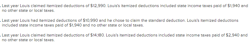 . Last year Louis claimed itemized deductions of $12,990. Louis's itemized deductions included state income taxes paid of $1,940 and
no other state or local taxes.
Last year Louis had itemized deductions of $10,990 and he chose to claim the standard deduction. Louis's itemized deductions
included state income taxes paid of $1,940 and no other state or local taxes.
. Last year Louis claimed itemized deductions of $14,180. Louis's itemized deductions included state income taxes paid of $2,940 and
no other state or local taxes.