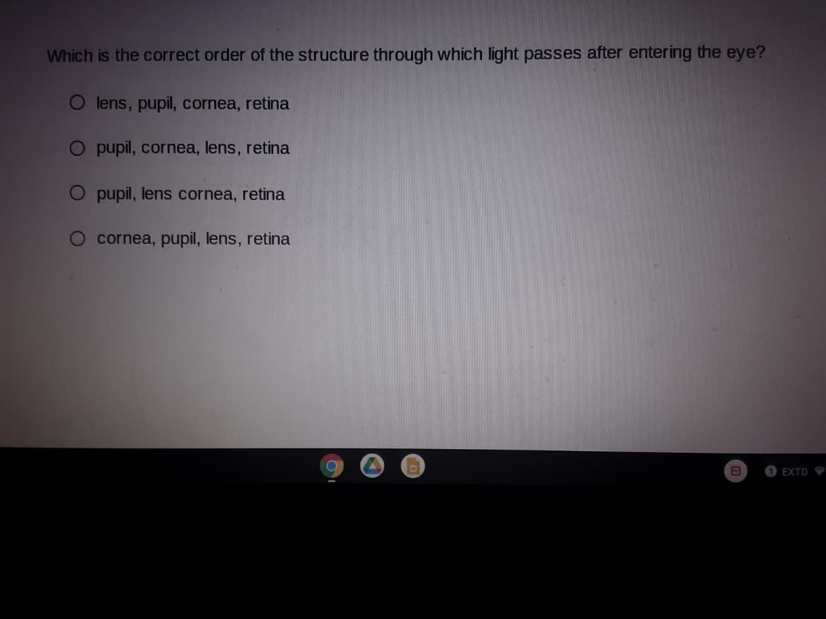 Which is the correct order of the structure through which light passes after entering the eye?
lens, pupil, cornea, retina
O pupil, cornea, lens, retina
pupil, lens cornea, retina
cornea, pupil, lens, retina
EXTD
