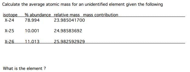 Calculate the average atomic mass for an unidentified element given the following
% abundance relative mass mass contribution
isotope
X-24
78.994
23.985041700
X-25
10.001
24.98583692
X-26
11.013
25.982592929
What is the element ?
