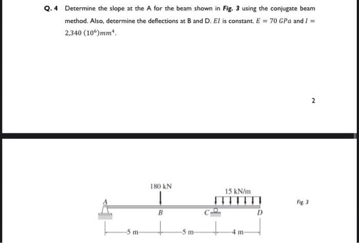 Q. 4 Determine the slope at the A for the beam shown in Fig. 3 using the conjugate beam
method. Also, determine the deflections at B and D. El is constant. E = 70 GPa and I =
2,340 (106)mm¹.
180 KN
15 kN/m
B
m-
-5 m-
-5 m-
D
Fig. 3
2